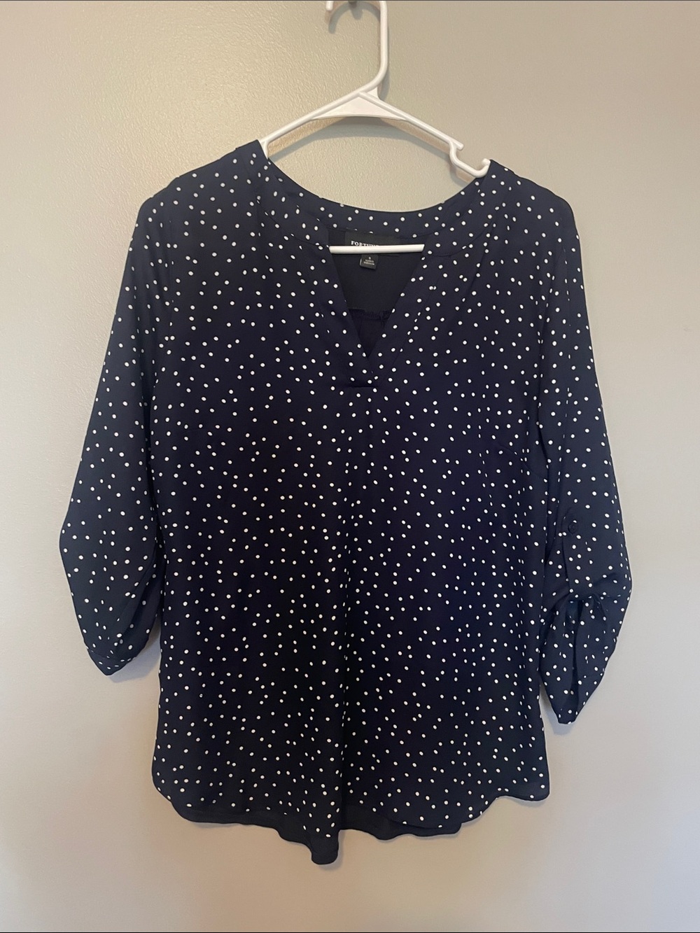 Polka Dot Split-Neck Blouse in Navy